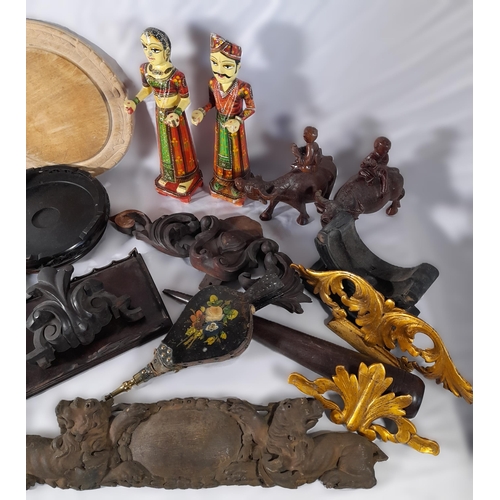 240 - A MIXED GROUP OF TREEN WARES, the lot includes a pair of painted Indian figures, Chinese hardwood st... 