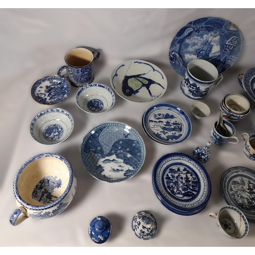 241 - A MIXED GROUP OF CHINESE AND ENGLISH BLUE AND WHITE CHINA WARES, including tea bowls, rice bowls, ta... 