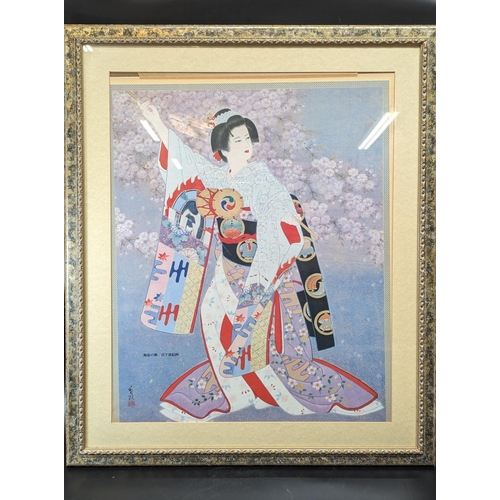 467 - A Large Framed Print of a Geisha. 88 x 74cm.