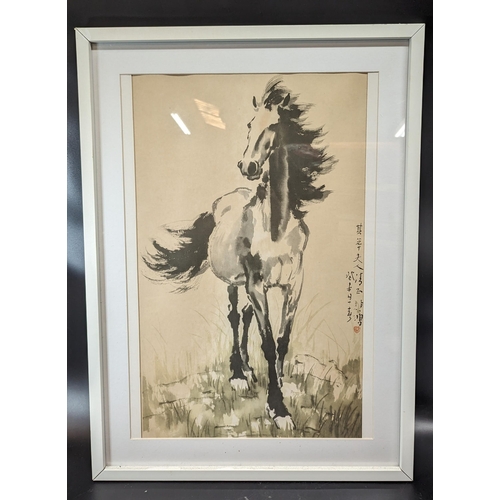 472 - A Large Framed Chinese Print of a Stallion by Hsu Pi Hung. 73cm x 53cm.