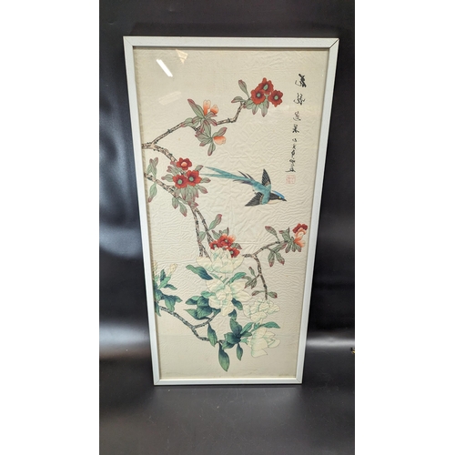 482 - A Chinese Silk Painting of Birds and Flowers 80 x 39cm.