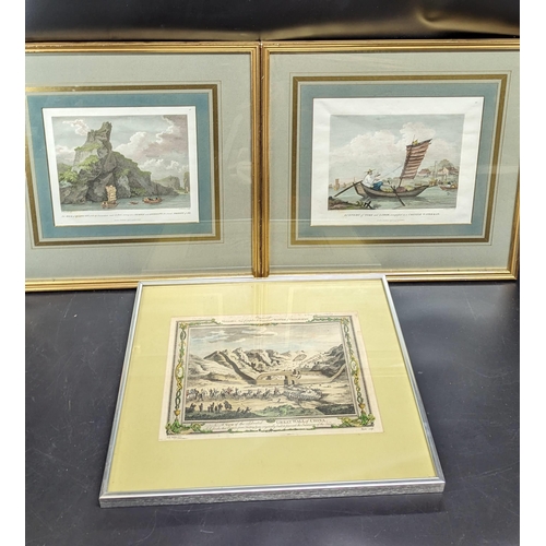 502 - 3 Antique Framed Coloured Engravings of The Great Wall of China, Chinese Waterman and The Rock of Qu... 