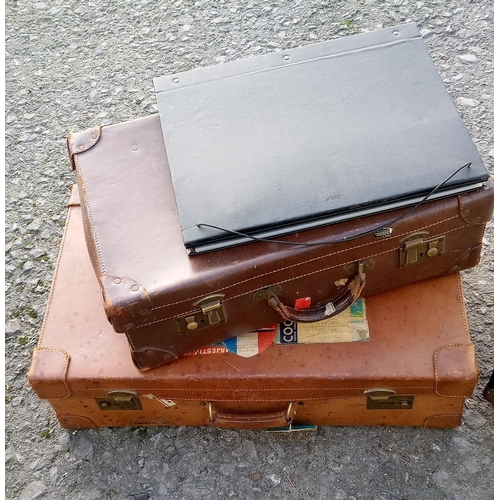 60 - Large Metal Trunk on Wheels with 2 Vintage Suitcases and an Art Folder.