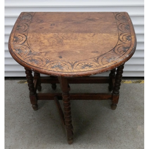 724 - A Carved Gate Leg Table 72cm H x 76cm W, 106cm Open, 35 cm Closed.