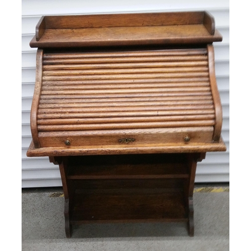 766 - An Antique Tambour Top Writing Desk with Lower Shelves. 104cm H x 75cm W x 50cm D.