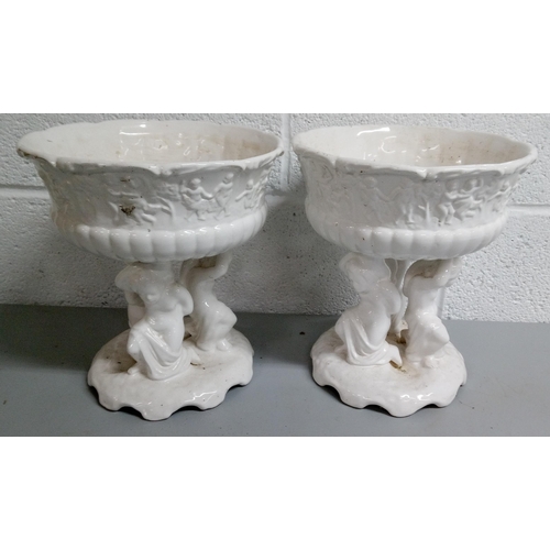 791 - A Pair of White Ceramic Cherub Pedestal Bowls 28cm H x 26cm.