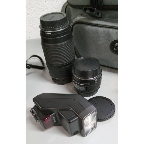 832 - A Canon EOS 650 Camera, Canon AF Zoom Lens 70 -120mm, Sigma AF Super Wide Lens, Canon AF Zoom Lens 3... 