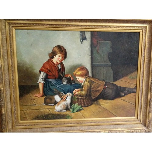 415 - A Large Oil on Canvas of Children Feeding Rabbits. In Gilt Frame. Picture 75cm x 100cm. Frame 106cm ... 