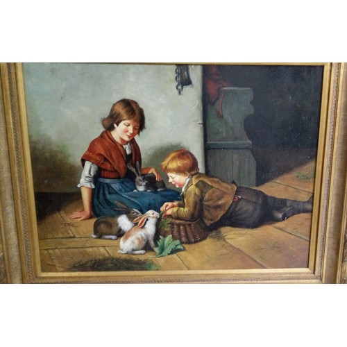 415 - A Large Oil on Canvas of Children Feeding Rabbits. In Gilt Frame. Picture 75cm x 100cm. Frame 106cm ... 