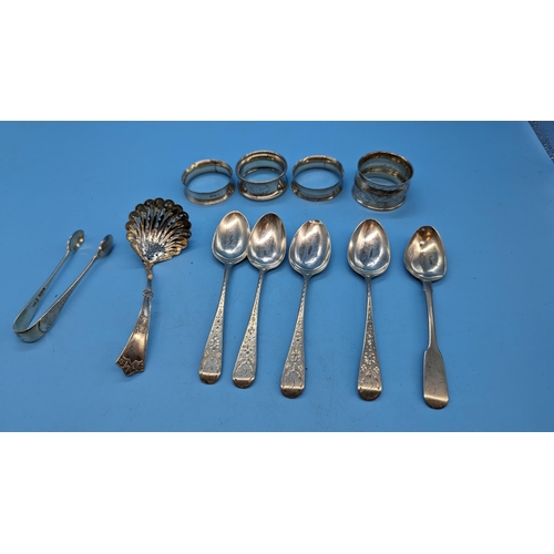 441 - Mixed Silver Including Napkin Rings, Brushes, Spoons, Tongs and Straining Spoon.