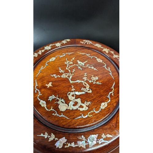 500 - A Chinese Mother of Pearl Inlaid, Rosewood Barrel Table with Bevelled Glass Top (pictured separately... 