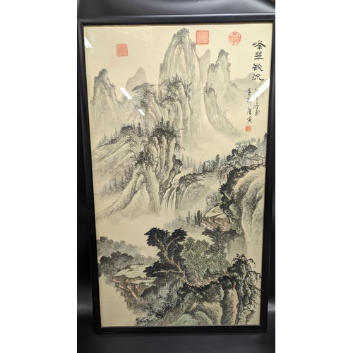 461 - A Chinese Watercolour of a Mountain Scene, Framed under Glass. 92 x 54cm.