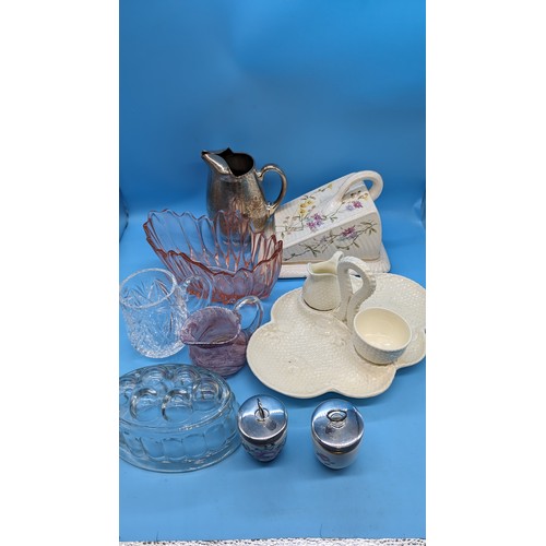 250E - An Assortment of China and Glassware Including Cheese Dish, Jelly Mould,  Egg Coddlers