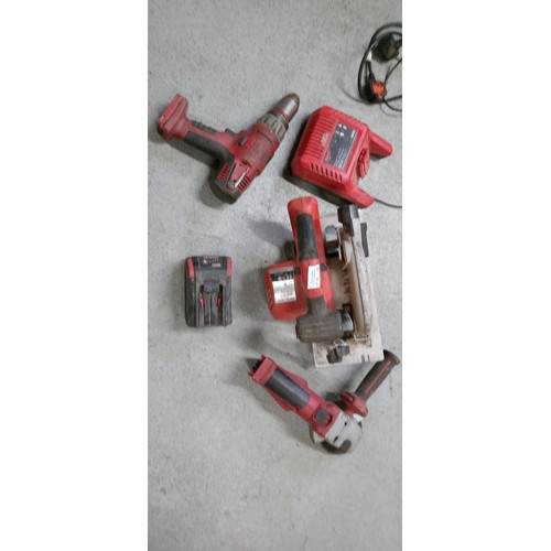 182 - Seen Working. A Milwaki Battery Tool Collection including Drill, Angle Grinder and Skill Saw.