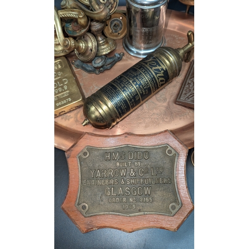 550 - A Quantity of Brass and Metalware Including HMS Dido Plaque, Brass Fire Extinguisher etc.