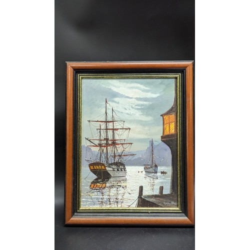 560 - A Painting of Ships in Harbour Oil on Canvas by Gordon Allen