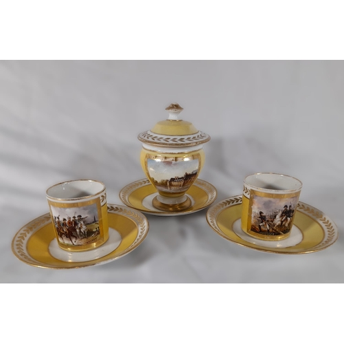 252 - Two Coffee Cups with Saucers and a Matching Sugar Bowl depicting scenes of Napoleonic Wars.