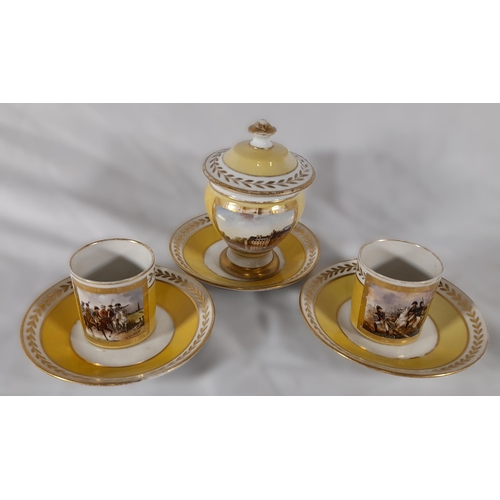 252 - Two Coffee Cups with Saucers and a Matching Sugar Bowl depicting scenes of Napoleonic Wars.