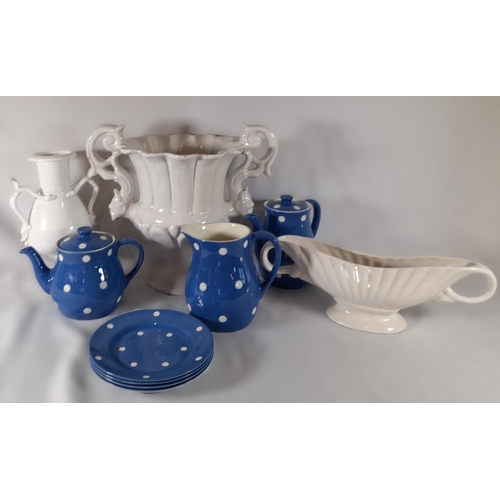 253 - A Part TG Green and Co Blue Domino Tea/Coffee Service and 3 White Vases.