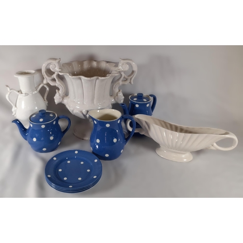 253 - A Part TG Green and Co Blue Domino Tea/Coffee Service and 3 White Vases.