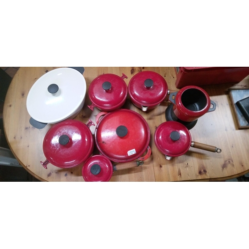 1054 - A Selection of Le Creuset Red Cookware, 3 Casserole Pans, 3 Sauce Pans, Pan and Unbranded White Cast... 