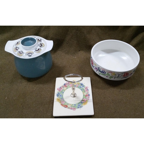 632 - A Poole Pottery Fruit Bowl and Casserole Pot and Royal Staffordshire Cake Plate.