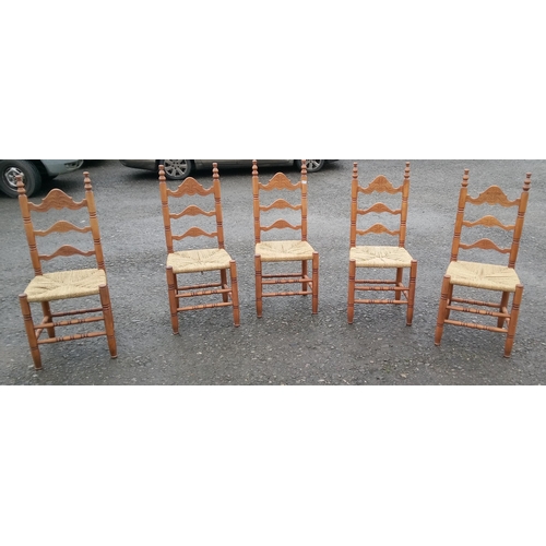 637 - 5 Pine Ladder Back Chairs with Rattan Seating.