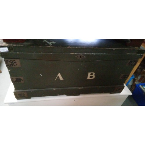 765 - Green Painted Wooden Trunk Locked Closed with A B on the front. 45cm x 90cm x 51cm.