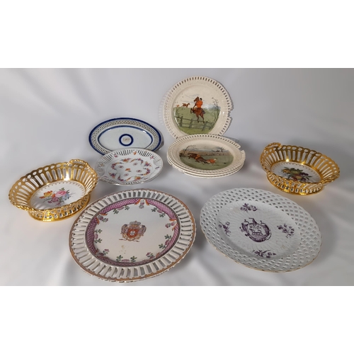 268 - A Mixed Lot Of Basket Effect China. A Set of 4 Hunting Scene plates and other Bowls.