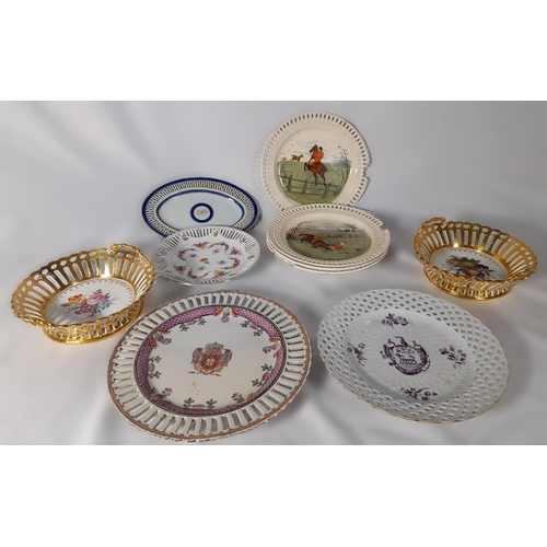 268 - A Mixed Lot Of Basket Effect China. A Set of 4 Hunting Scene plates and other Bowls.