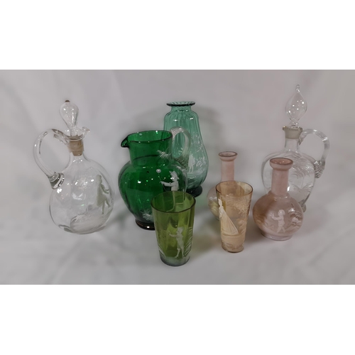 277 - A Collection of Glassware by Mary Gregory in various styles and colours. Including Jugs, Decanters, ... 