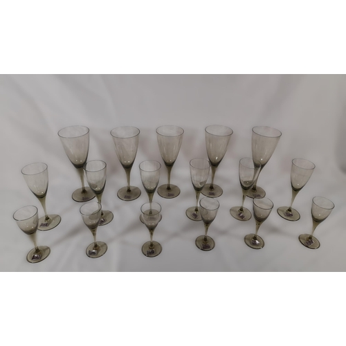 281 - A range of Vintage Moravia Smoked Glass Glasses in 3 sizes. largest 19.5cm, medium 16cm, 12cm. 5 Lar... 