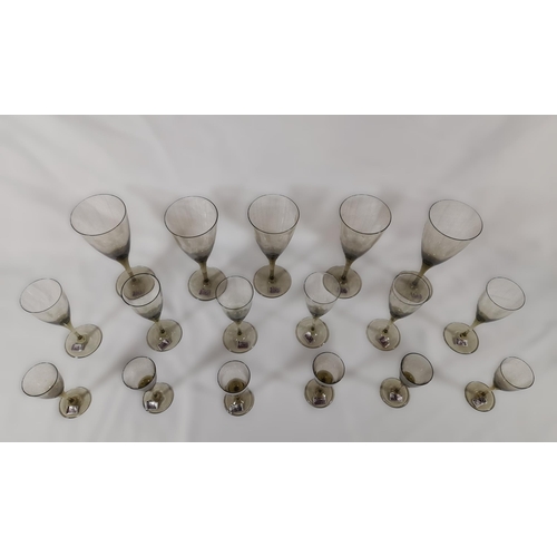 281 - A range of Vintage Moravia Smoked Glass Glasses in 3 sizes. largest 19.5cm, medium 16cm, 12cm. 5 Lar... 