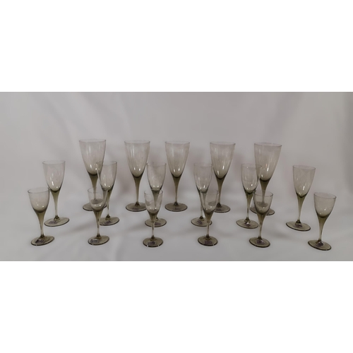 281 - A range of Vintage Moravia Smoked Glass Glasses in 3 sizes. largest 19.5cm, medium 16cm, 12cm. 5 Lar... 