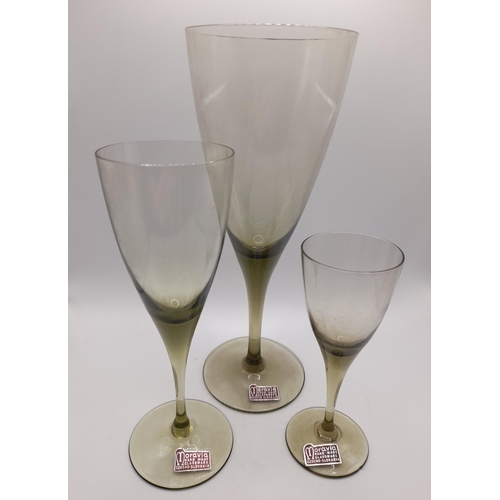 281 - A range of Vintage Moravia Smoked Glass Glasses in 3 sizes. largest 19.5cm, medium 16cm, 12cm. 5 Lar... 