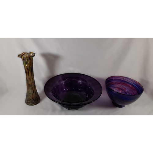 283 - 3 Statement Pieces of Glassware. A Huge Amethyst Glass bowl measuring approx 41cm Diameter, 17cm Dep... 