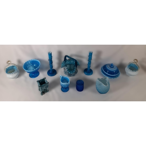 287 - A Collection of Decorative Blue Ruffle/Carnival Glassware including a pair of Stem Vases with Glitte... 