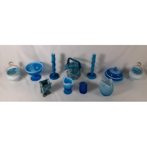 287 - A Collection of Decorative Blue Ruffle/Carnival Glassware including a pair of Stem Vases with Glitte... 