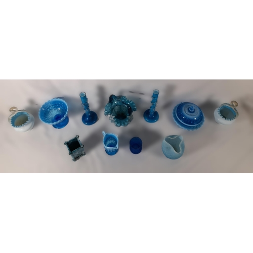 287 - A Collection of Decorative Blue Ruffle/Carnival Glassware including a pair of Stem Vases with Glitte... 