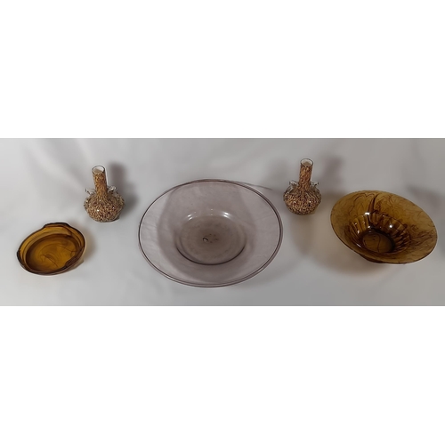 288 - Glass Bowls, 2 glass and 1 ? in Shades of Brown some with Swirl Patterning and a Matching Pair of De... 