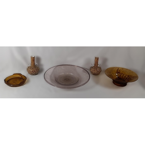 288 - Glass Bowls, 2 glass and 1 ? in Shades of Brown some with Swirl Patterning and a Matching Pair of De... 