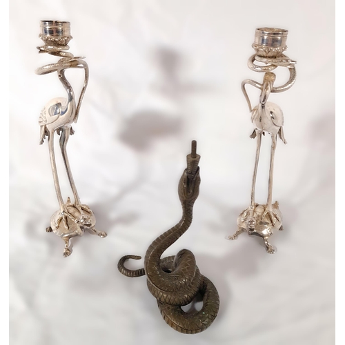 291 - A Pair of Stork and Snake Design Candlestick Holders, 27cm H,  and a Solid Brass Snake.