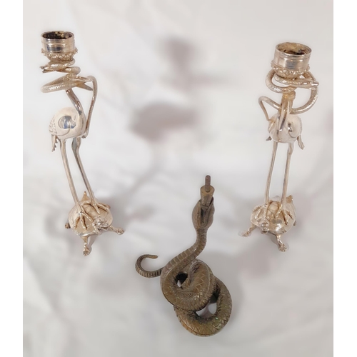 291 - A Pair of Stork and Snake Design Candlestick Holders, 27cm H,  and a Solid Brass Snake.