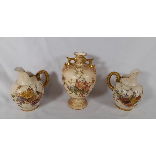 16 - 3 Pieces of Royal Worcester Blush Ivory Painted Chinaware. A Vase depicting flower scenes, Twin Hand... 