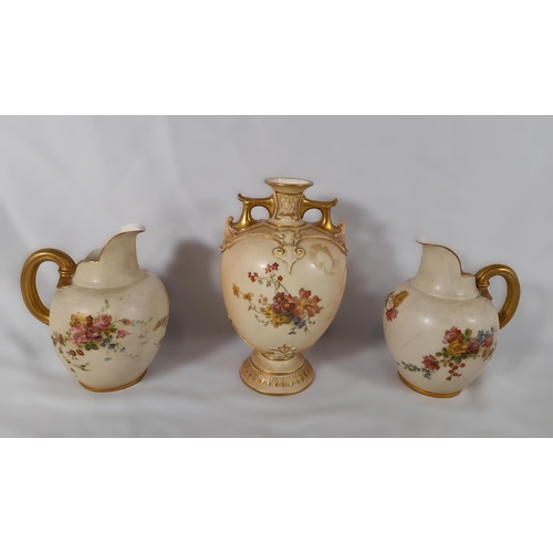 16 - 3 Pieces of Royal Worcester Blush Ivory Painted Chinaware. A Vase depicting flower scenes, Twin Hand... 