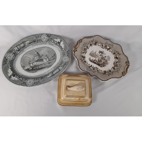 52 - 2 Platters and a Victorian Sardine Dish. One Platter is Ashworth Ironstone depicting a building and ... 