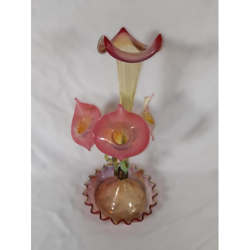 61 - A 3 Colour Vaseline Glass, Art Nouveau Epergne. Damage to one flower stem as pictured. 52cm H x 25cm... 