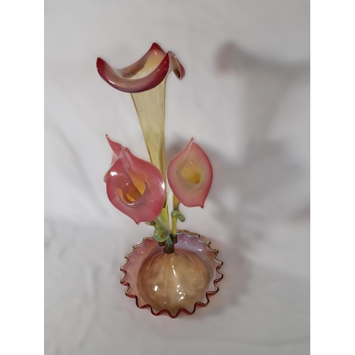 61 - A 3 Colour Vaseline Glass, Art Nouveau Epergne. Damage to one flower stem as pictured. 52cm H x 25cm... 