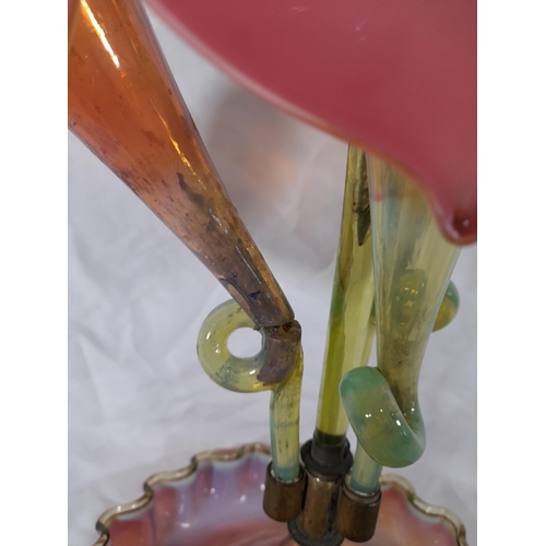 61 - A 3 Colour Vaseline Glass, Art Nouveau Epergne. Damage to one flower stem as pictured. 52cm H x 25cm... 