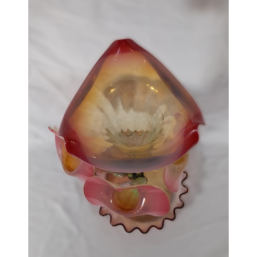 61 - A 3 Colour Vaseline Glass, Art Nouveau Epergne. Damage to one flower stem as pictured. 52cm H x 25cm... 